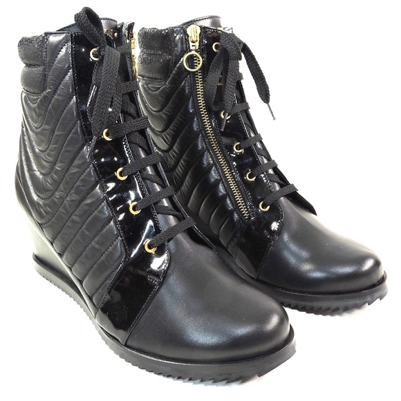 DAVIS CESARETTI 🇮🇹 WOMEN'S BLACK SOFT LEATHER COMFORT WINTER WEDGE BOOTIE - Picture 2 of 8